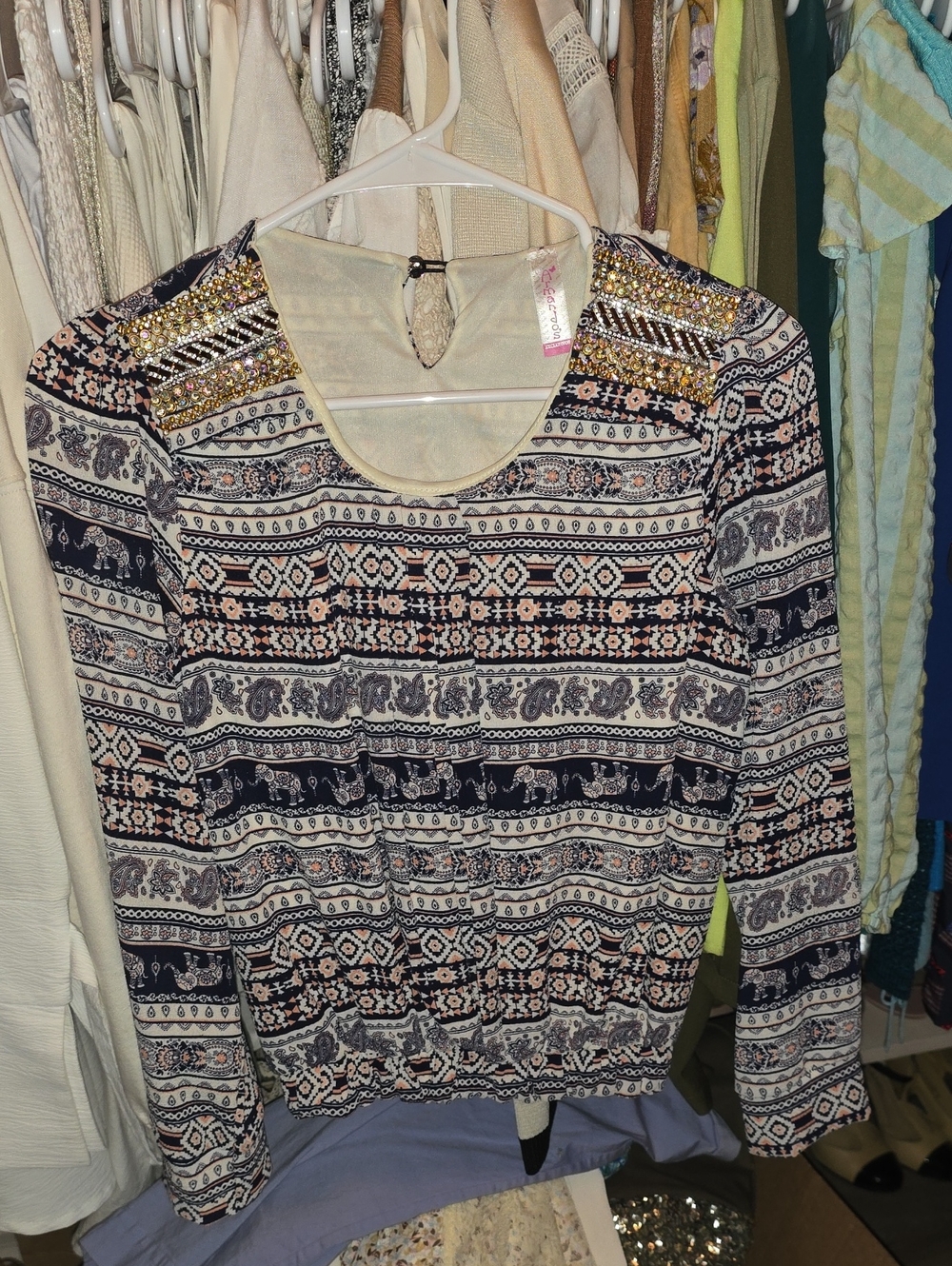 Beaded Shoulder Printed Boho Top - Navy & Cream